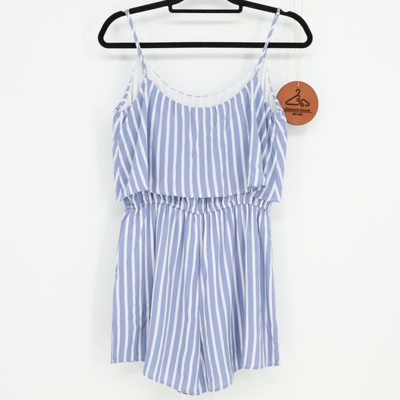Abercrombie Fitch Blue White Striped Cami Romper Ruffle Tiered Waist Medium NWOT - Picture 2 of 7